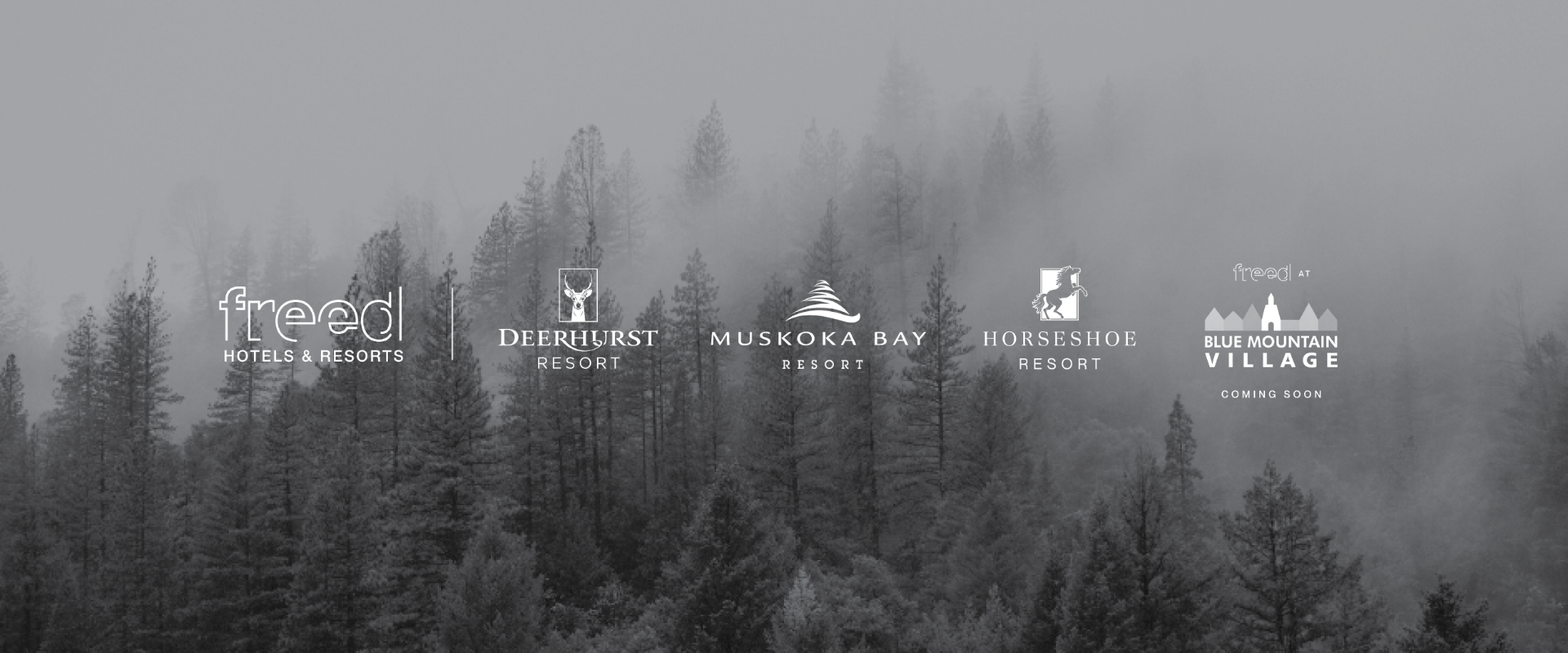Freed Hotels & Resorts logo lockup with Deerhurst Resort, Muskoka Bay Resort, Horseshoe Resort, and Freed at Blue Mountain logos.